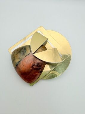 Vintage Abstract Geometric Resin & Gold Tone Statement Brooch